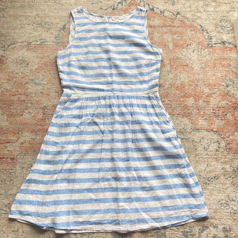 beach lunch lounge Collection Linen Cotton Blue White Stripe Dress Size M